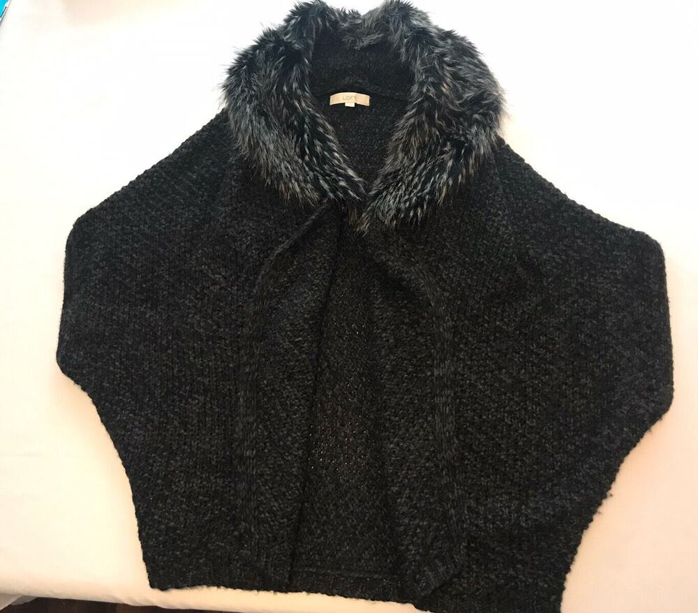Loft Dark Gray Open Front Cardigan Sweater Wool Blend Faux Fur Collar Sz M Chunk